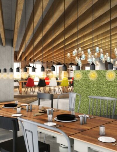 Modern cafeteria with diverse seating options, exposed beams, and a fresh produce display.