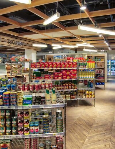 Modern grocery store interior with organized shelves and lighting.